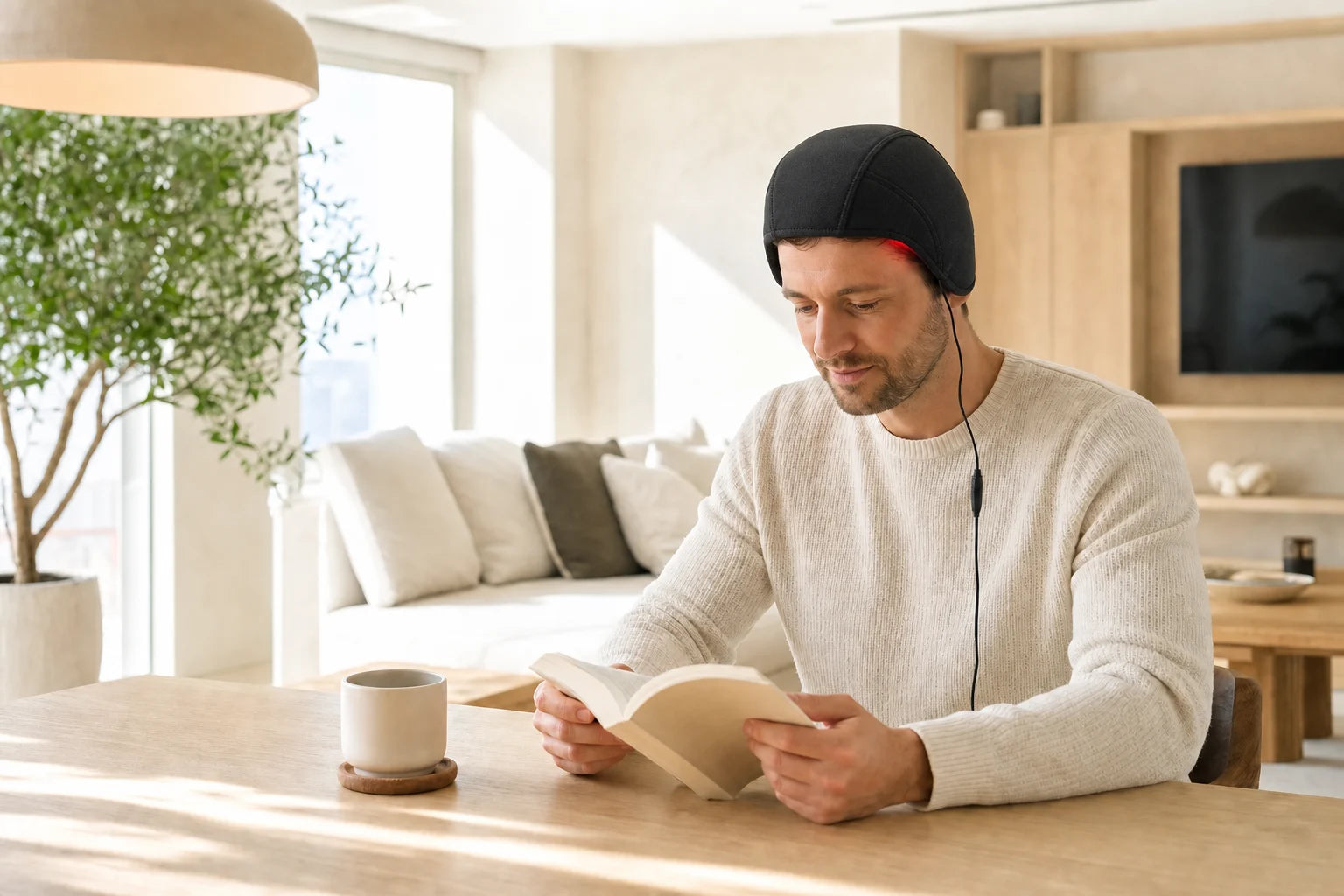 Man reading comfortably at home while using the soft paneled Regrowthy laser therapy cap