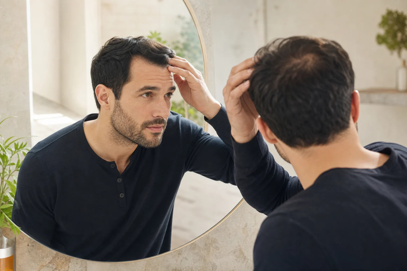 Man examining subtle temple and crown thinning in a bright mirror