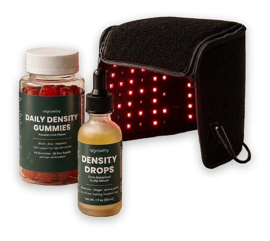 The Regrowthy system: Daily Density Gummies, Density Drops serum, and the 660nm Laser Therapy Cap