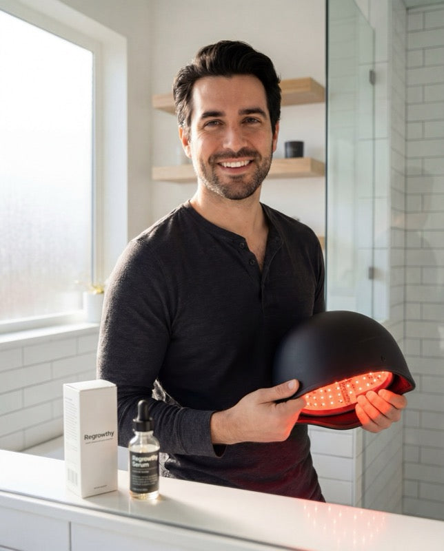 Man wearing Regrowthy Laser Red Light Therapy Cap with visible red laser diodes