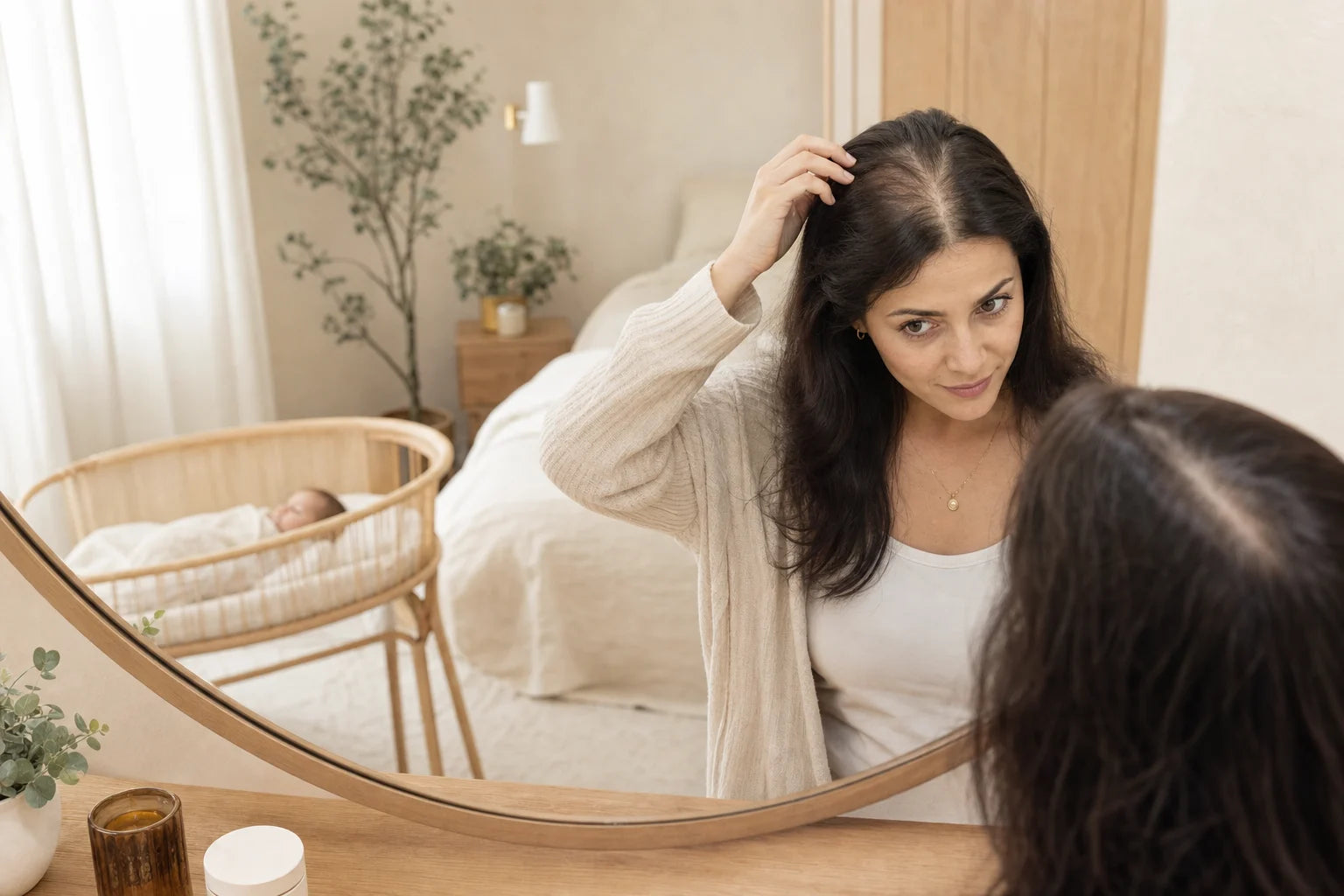 Postpartum mother calmly checking her center part while her baby sleeps nearby