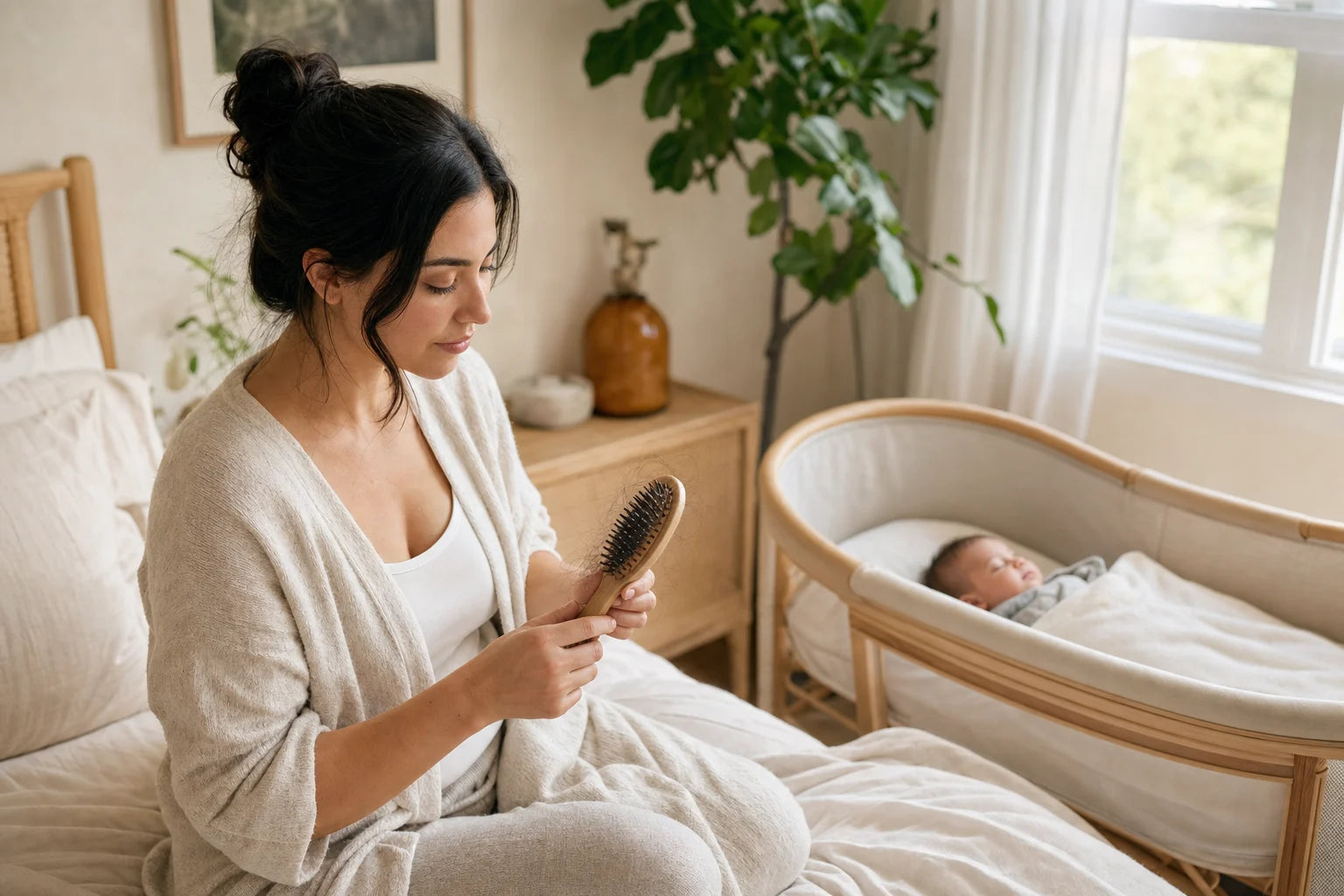 Postpartum mother calmly observing normal shedding on a brush while her baby sleeps nearby