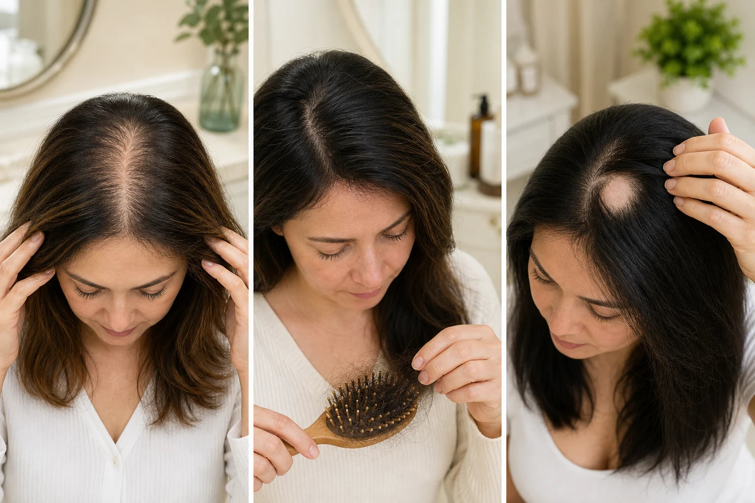 Three photographic examples showing gradual pattern thinning, heavy diffuse shedding, and a defined patch of hair loss