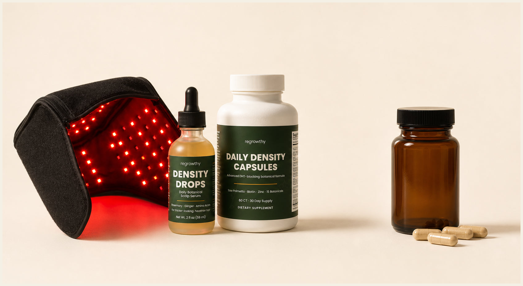 Complete Regrowthy system compared with a supplement-only routine on a seamless cream studio surface