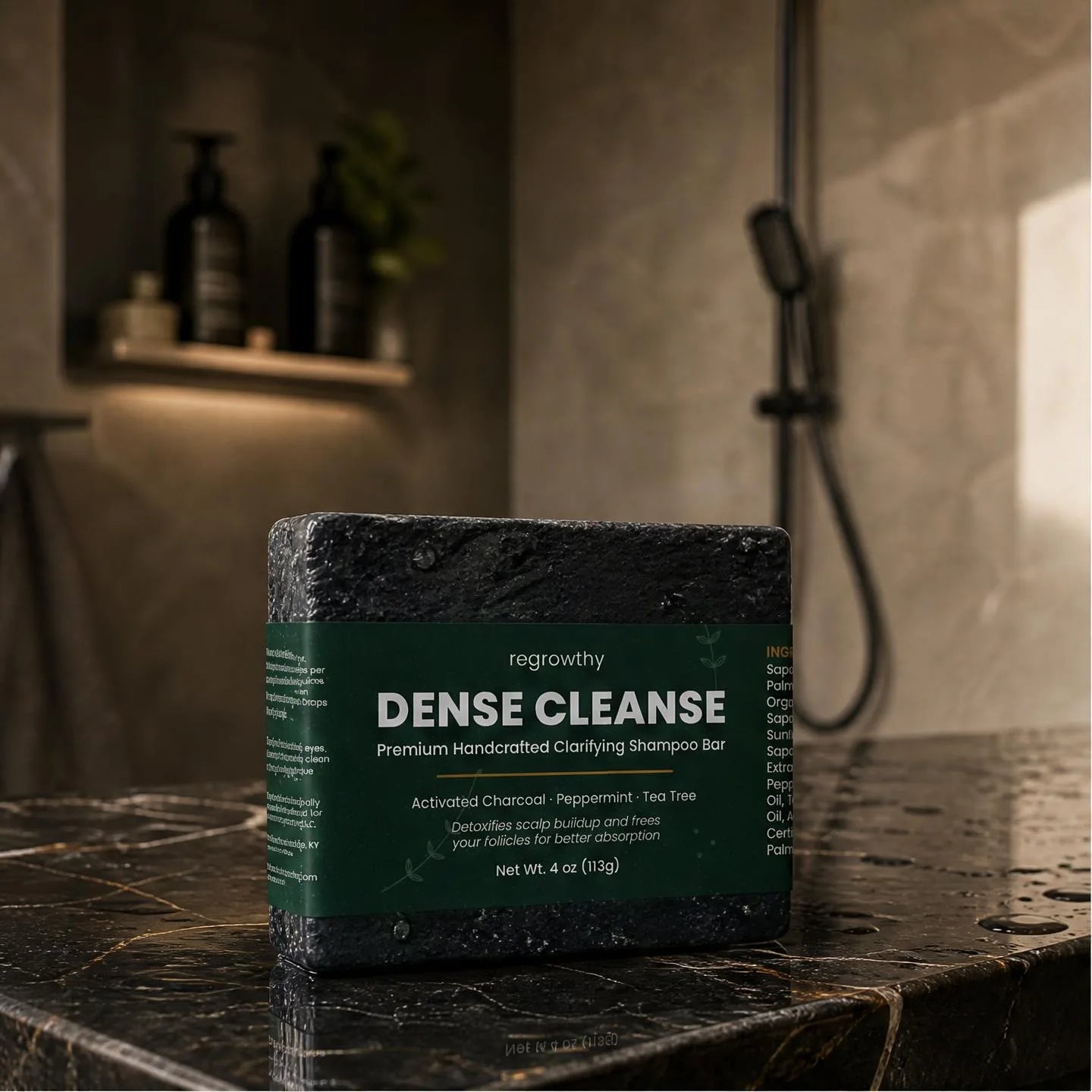 Dense Cleanse charcoal bar on the shower shelf