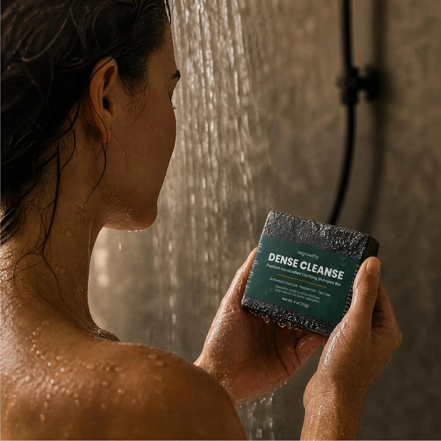 Dense Cleanse charcoal bar in use
