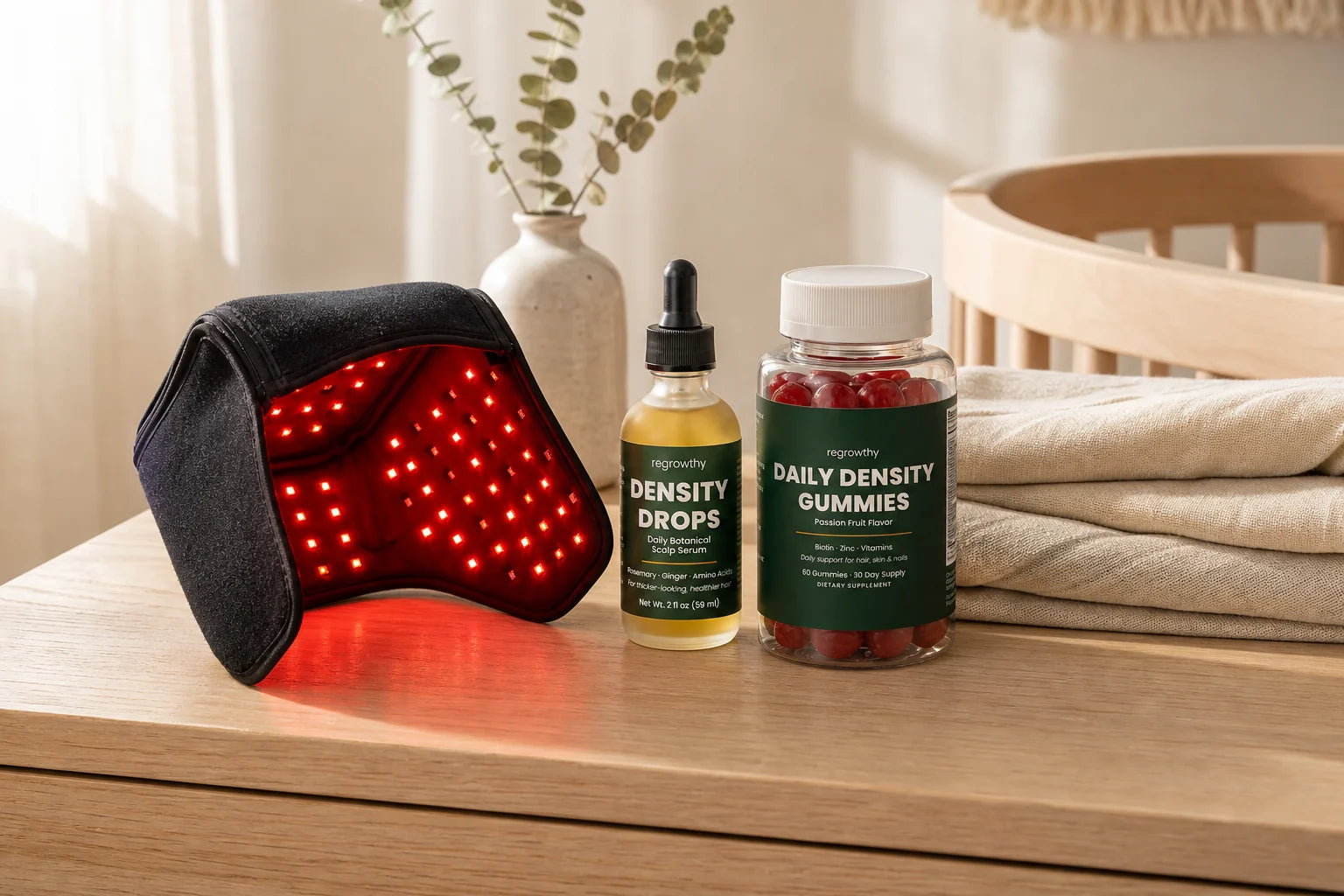 Postpartum Regrowthy routine with the laser cap, Density Drops, and Daily Density Gummies